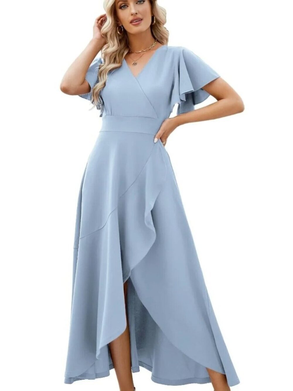 Medium Formal Dress Gown Evening Party Cocktail Long Split V Neck A-line Blue